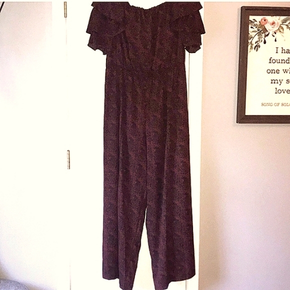 Gibson Latimer Burgundy Off Shoulder Jumpsuit Puff Butterfly Party Holiday Glam - Picture 9 of 16